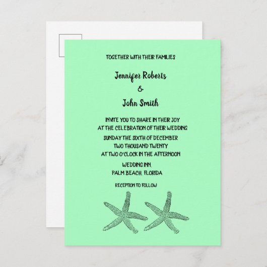 Neon Mint 2020 Starfish Patronen Elegant Wedding Uitnodiging Briefkaart (Voorkant / Achterkant)