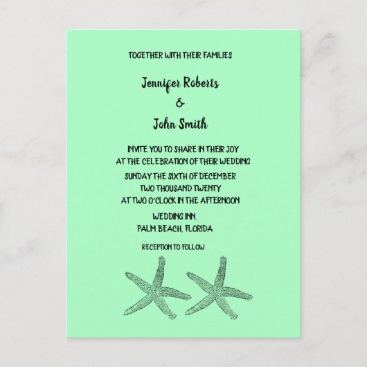 Neon Mint 2020 Starfish Patronen Elegant Wedding Uitnodiging Briefkaart (Voorkant)