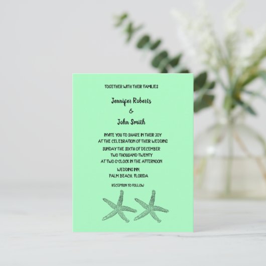 Neon Mint 2020 Starfish Patronen Elegant Wedding Uitnodiging Briefkaart (Staand voorkant)