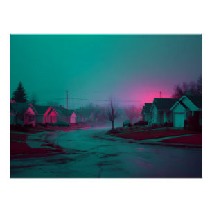 Neon Mist Suburbane Nachtlandschap Print Perfect Poster