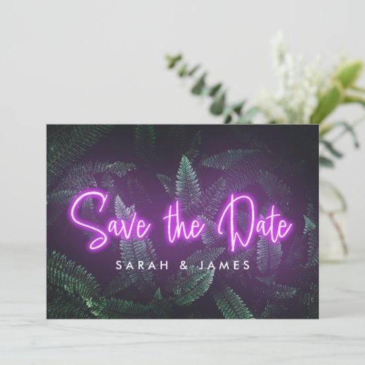 Neon Modern Tropical Greenery Save the Date (Staand voorkant)