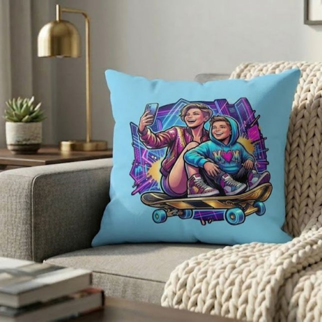 Neon Mom Son Skateboarding Art Theme Throw Pillow Kussen (Creator heeft geüpload)