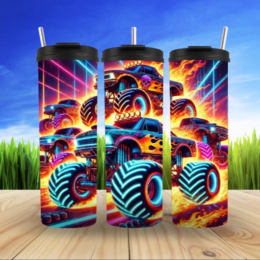 Neon Monster Truck Racing Flames Thrill Thermosbeker