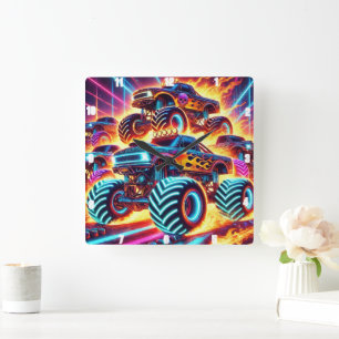 Neon Monster Trucks op een vlammende actie-verpakt Vierkante Klok