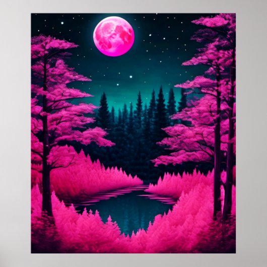 Neon Moonlit Forest Fantasy Art Poster (Voorkant)