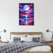 Neon Moonlit Ocean – Cosmic Night Seascape Art Canvas Afdruk (Insitu (Slaapkamer))