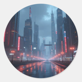 Neon Morgen – Cyberpunk Stadslandschap Klassieke R Ronde Sticker