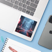 Neon Morgen - Vierkante Vinyl  Sticker (Laptop met iPhone)