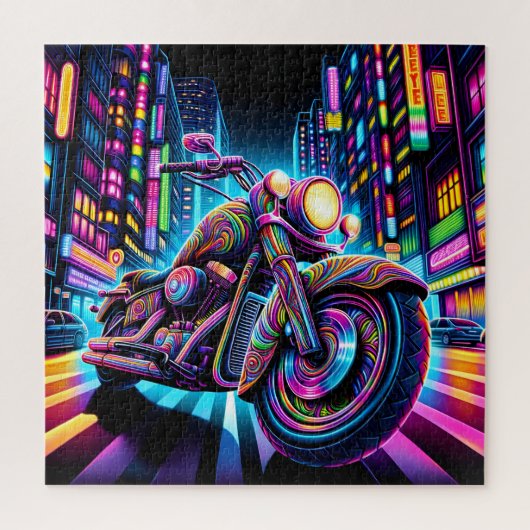 Neon Motorcycle in de stad Legpuzzel (Verticaal)