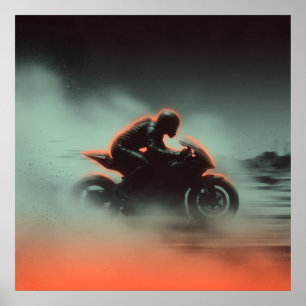Neon motorrijder in regen en mist poster