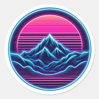 Neon Mountain Circle Design – Retro Outdoor Aesthe Ronde Sticker