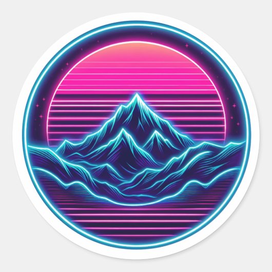 Neon Mountain Circle Design – Retro Outdoor Aesthe Ronde Sticker (Voorkant)
