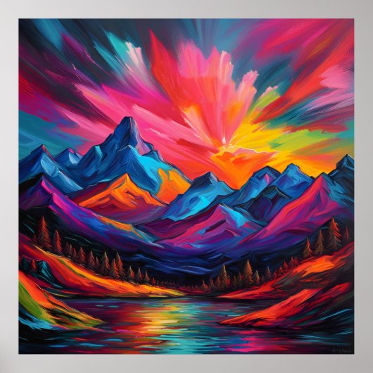 Neon Mountain Sunset Poster (Voorkant)