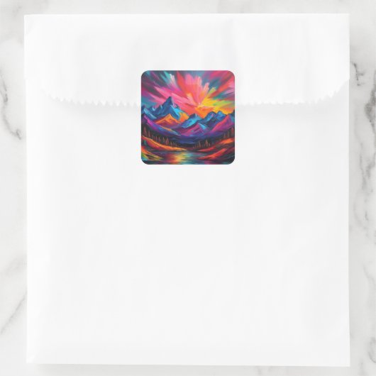 Neon Mountain Sunset Vierkante Sticker (Tas)