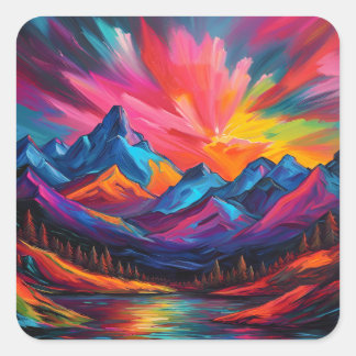 Neon Mountain Sunset Vierkante Sticker