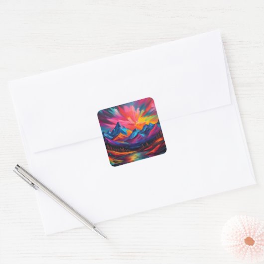 Neon Mountain Sunset Vierkante Sticker (Envelop)