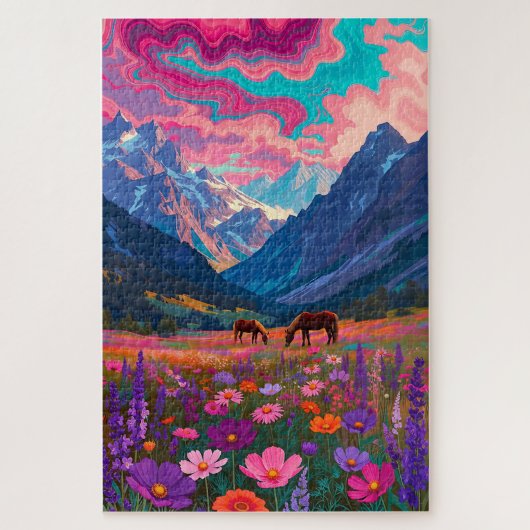 Neon Mountain Valley - Psychedelic Horses & Pink C Legpuzzel (Verticaal)