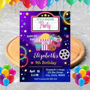 Neon Movie Night Girl Verjaardagsfeestje Uitnodigi Kaart