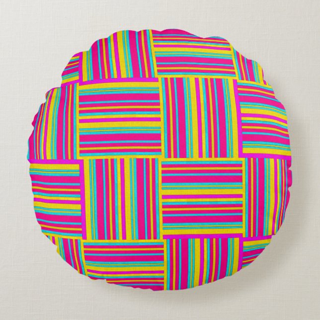 Neon Multi-Color Weaved Squares Rond Kussen (Voorkant)