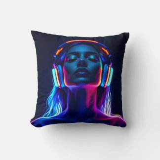 Neon Music Meditation – Woman with Headphones Art Kussen