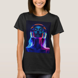 Neon Music Meditation – Woman with Headphones Art T-shirt