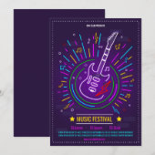Neon muziek achtergrond elektrische gitaar aankond kaart (Voorkant / Achterkant)