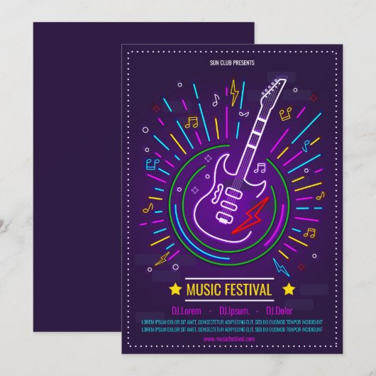 Neon muziek achtergrond elektrische gitaar aankond kaart (Voorkant / Achterkant)