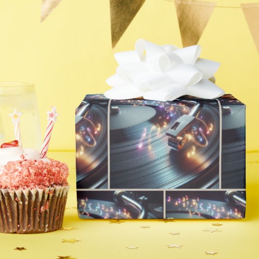 Neon muzieknoten op Platenspeler Cadeaupapier (Verjaardagsfeest)