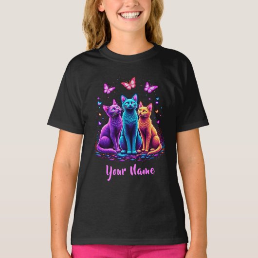 Neon Mystic Cats – Custom Name Psychedelic T-Shirt (Voorkant)