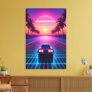 Neon Nacht Rit: Retro 80s Synthwave Zonsondergang Canvas Afdruk