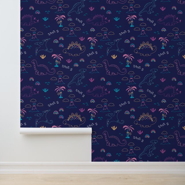 Neon Navy Dinosaur Doodle Behang (Applicatie)