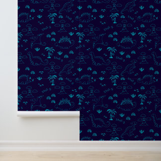 Neon Navy Dinosaur Doodle Behang