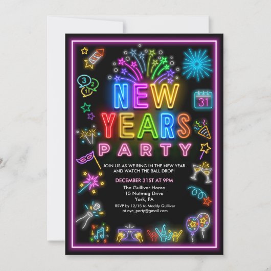 Neon Nieuwjaarsfeest Uitnodiging (Voorkant)