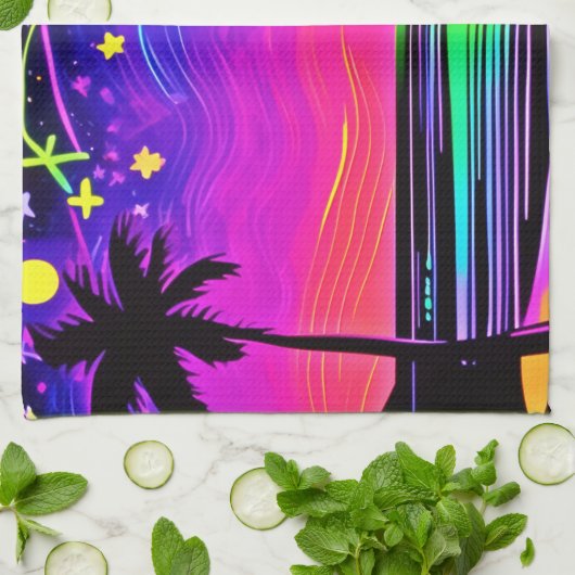 Neon Night Beachscape Theedoek (Gevouwen)