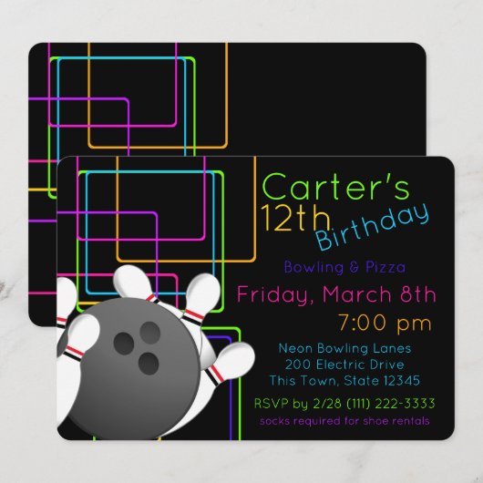 Neon Night Glow Bowling Verjaardag Kaart (Voorkant / Achterkant)