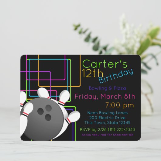 Neon Night Glow Bowling Verjaardag Kaart (Staand voorkant)