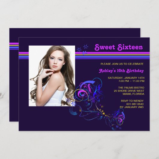 Neon Night Photo Invitation Kaart (Voorkant / Achterkant)