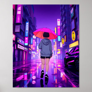 Neon Nights: Een regenachtige avond in de stad Poster