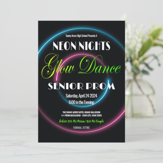 Neon Nights Prom High School Uitnodiging (Staand voorkant)