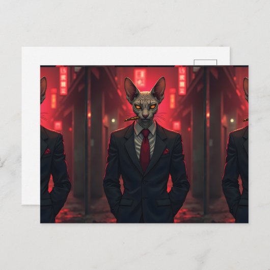 Neon Noir Sphynx Cat in Mafia Style Briefkaart (Voorkant / Achterkant)