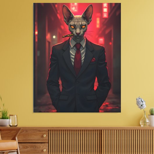 Neon Noir Sphynx Cat in Mafia Style Canvas Afdruk (Insitu (Woonkamer))