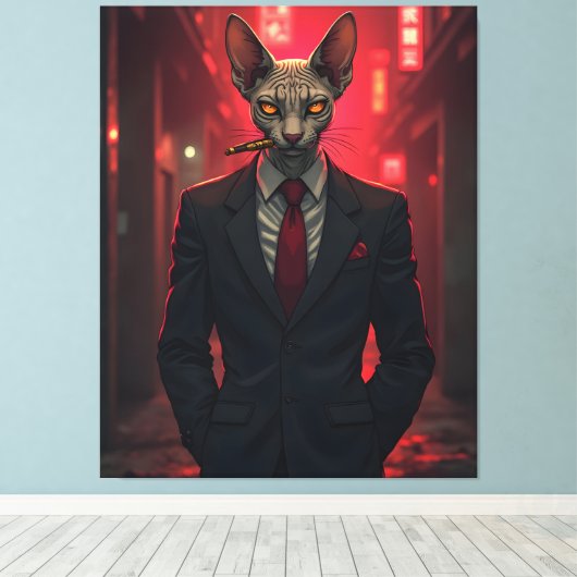 Neon Noir Sphynx Cat in Mafia Style Canvas Afdruk (Insitu (Houten vloer))
