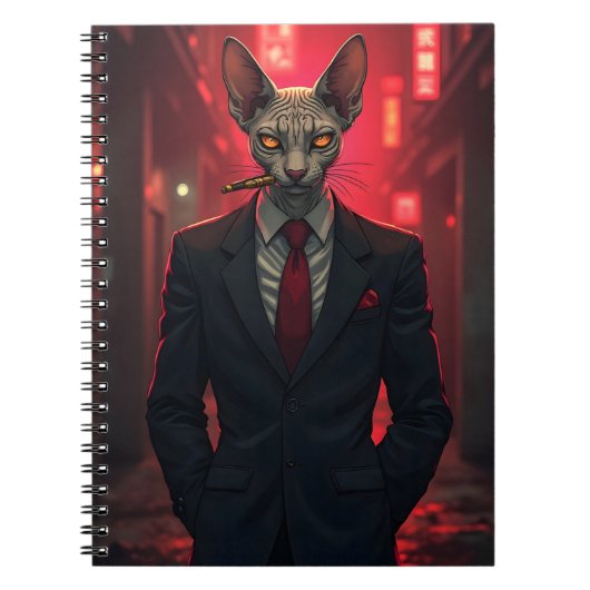 Neon Noir Sphynx Cat in Mafia Style Notitieboek (Voorkant)