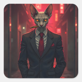 Neon Noir Sphynx Kat in Mafiastijl Vierkante Sticker