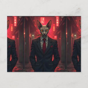 Neon Noir Sphynx Kat in Mafiostijl Briefkaart