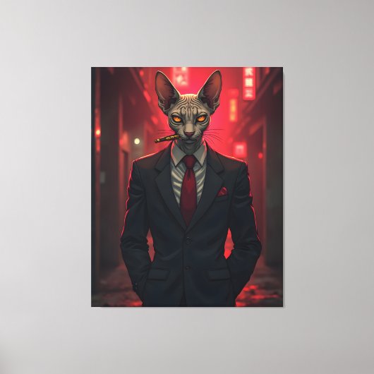 Neon Noir Sphynx Kat in Mafiostijl Canvas Afdruk (Voorkant)