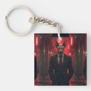 Neon Noir Sphynx Kat in Mafiostijl Sleutelhanger