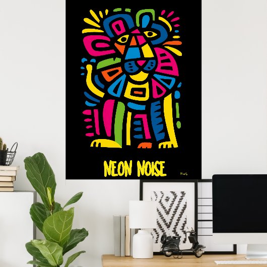 Neon Noise Lion - Abstracte geometrische tribale k Poster (Thuiskantoor)