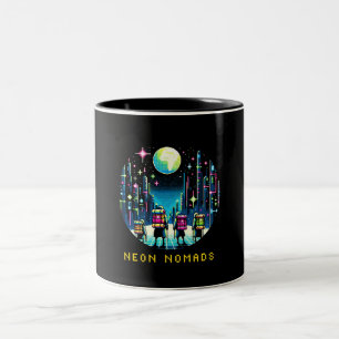 Neon Nomads - Cyberpunk Pixel Art Travel Design Tweekleurige Koffiemok
