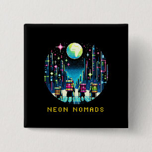 Neon Nomads - Cyberpunk Pixel Art Travel Design Vierkante Button 5,1 Cm